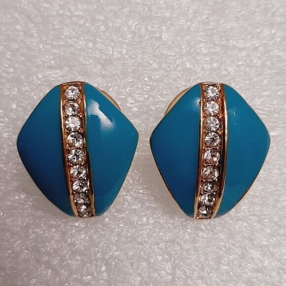VENDOME Signed Vintage Turquoise Blue Enamel Post Earrings & Rhinestones Jewelry - Picture 6 of 14